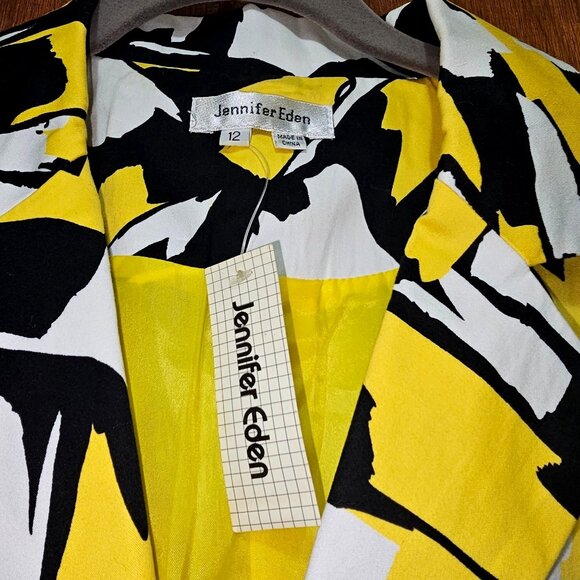 Jennifer Eden Womens Abstract Print Buttoned Short-Sleeve Blazer White/Yellow/Bl - Picture 3 of 10